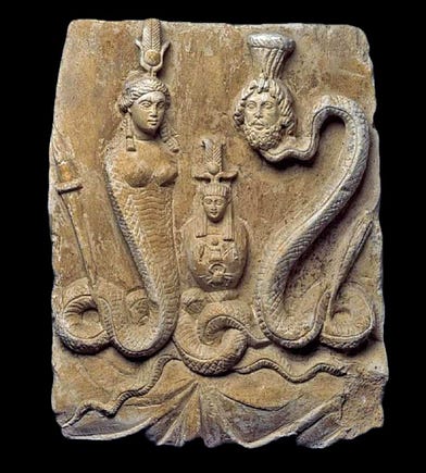 Isis and Osiris (Serapis) with bodies of a serpent