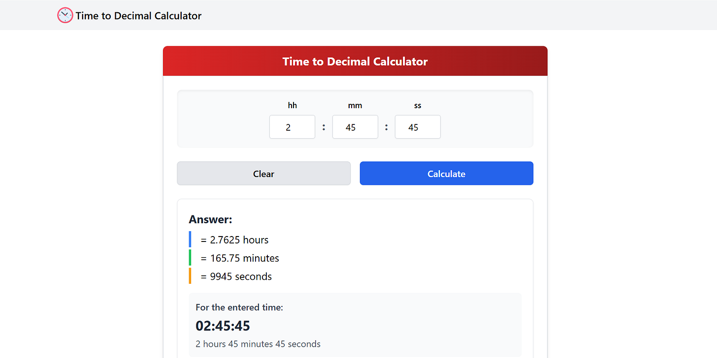 time to decimal calculator screenshot