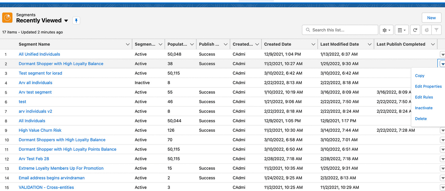 Screen shot displaying recently viewed segments.