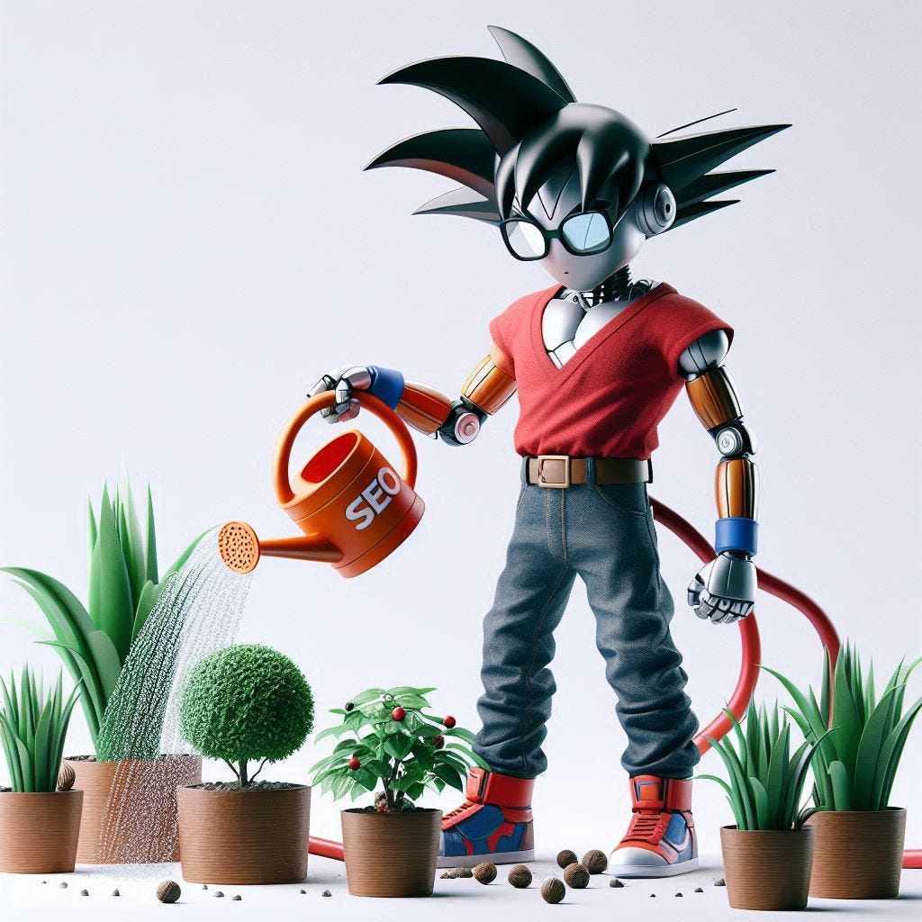 Un robot que se parece a goku, estilo 3D , usando lentes y vistiendo de pantalón de mezclilla y una playera de manga larga con cuello en V de color rojo. El fondo debe ser blanco. El robot regando agua en unas plantas de su bello jardín con la palabra SEO en grande.