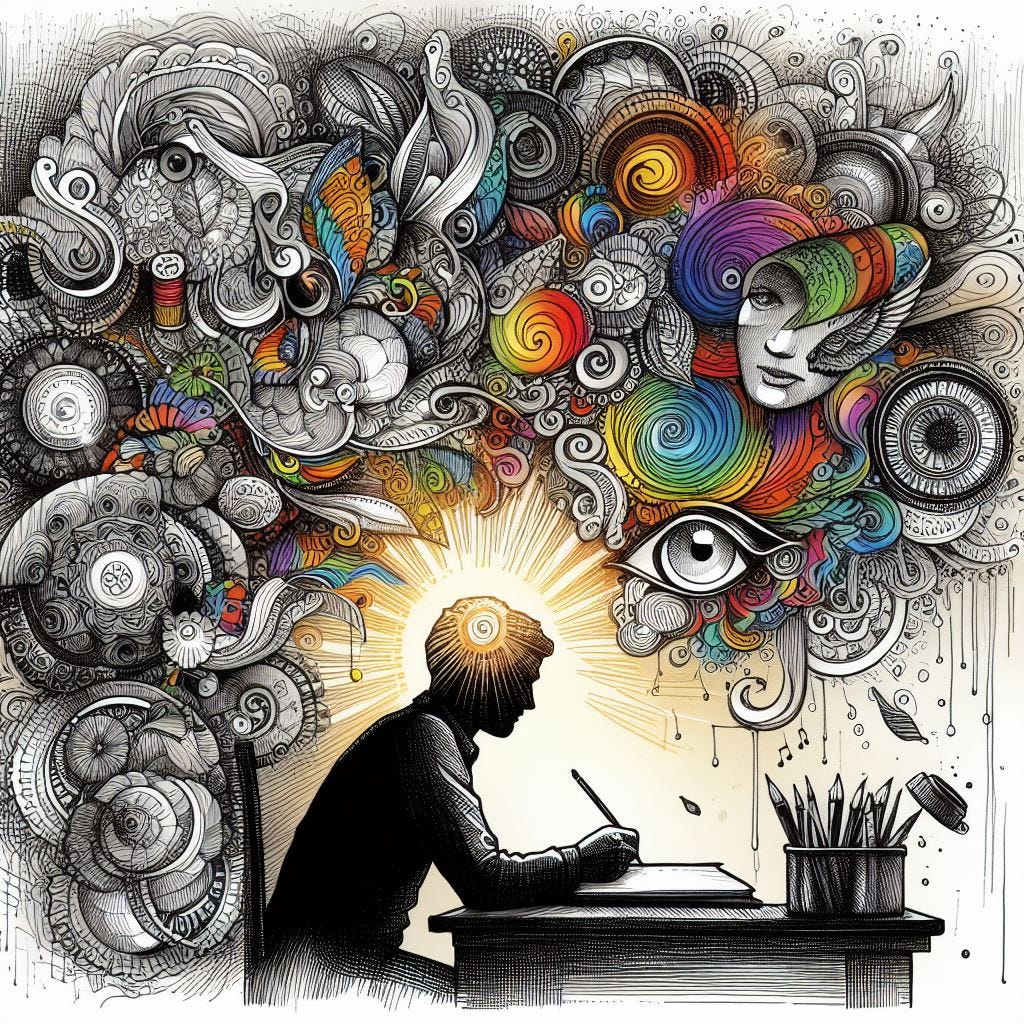 A person is seated at a desk, writing or drawing, with a radiant glow emanating from their head, symbolizing creativity and inspiration. Above the person’s head, an intricate swirl of abstract, vibrant shapes and patterns in both black-and-white and color flows outward, representing ideas, thoughts, and imagination. Among the abstract forms are an eye, a woman's face, musical notes, and various organic, spiral shapes, blending together in a lively, artistic display. The scene suggests a burst of creative expression from the mind of the individual.