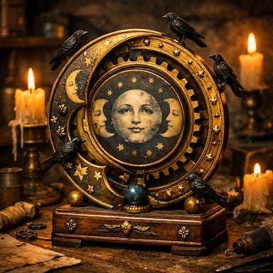 Blinsky’s moonwheel brass and wood toy with crescent gears, faded lunar faces, tiny ravens perched along rim, candlelit Barovian workshop atmosphere