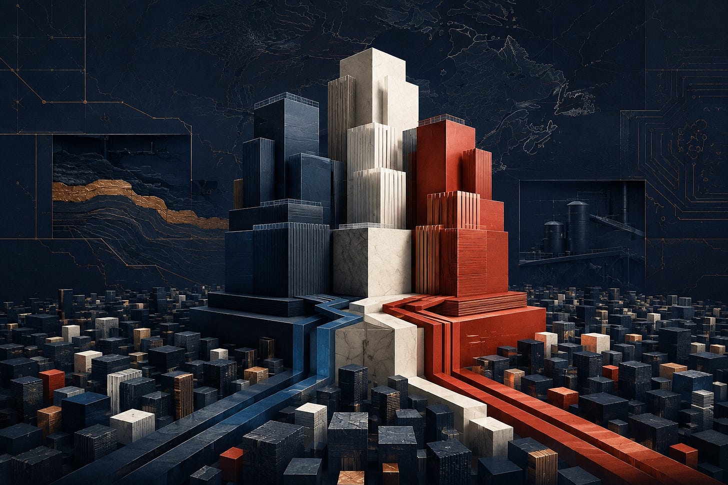 Abstract editorial artwork showing a concentrated tower of large capital blocks above many smaller transactions, linked by equity, acquisition and credit channels across Canadian technology, infrastructure and resources.