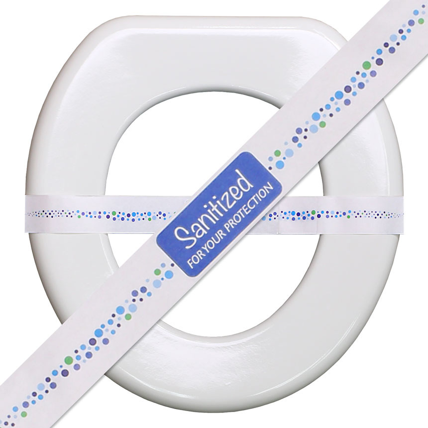 An image advertising the tape you put over toilet seats to show they’ve been cleaned. It shows the ring of a toilet seat with a band of the tape horizontally across it, against a white background. And enlarged version of the tape runs diagonally across the image. The tape has a pattern of pastel blue and green polka dots, and, at the center, a graphic of the words “Sanitized for your protection” against a blue rectangle with rounded corners. The design vibe is mid-century.