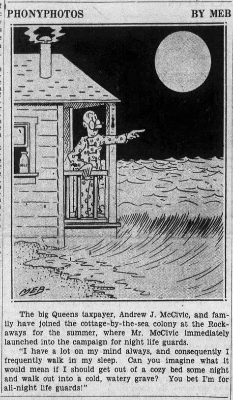 Images show a series of cartoons from the Brooklyn Daily Eagle featuring a civic worker named Andrew J. McCivic.