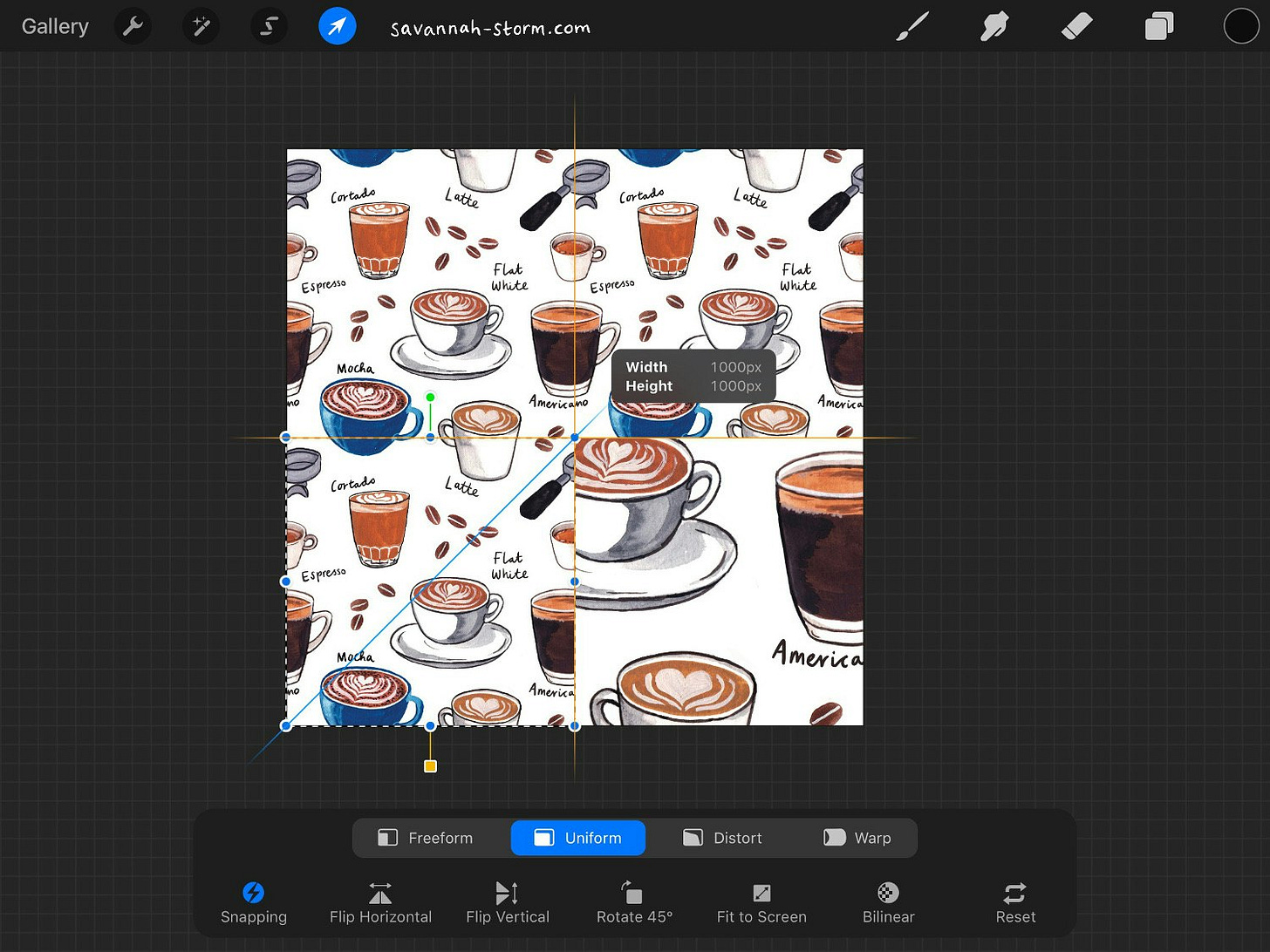 Screenshot of Procreate on the iPad, showing the process of creating an illustrated repeat pattern. Screenshot of Procreate on the iPad, showing the process of creating an illustrated repeat pattern.