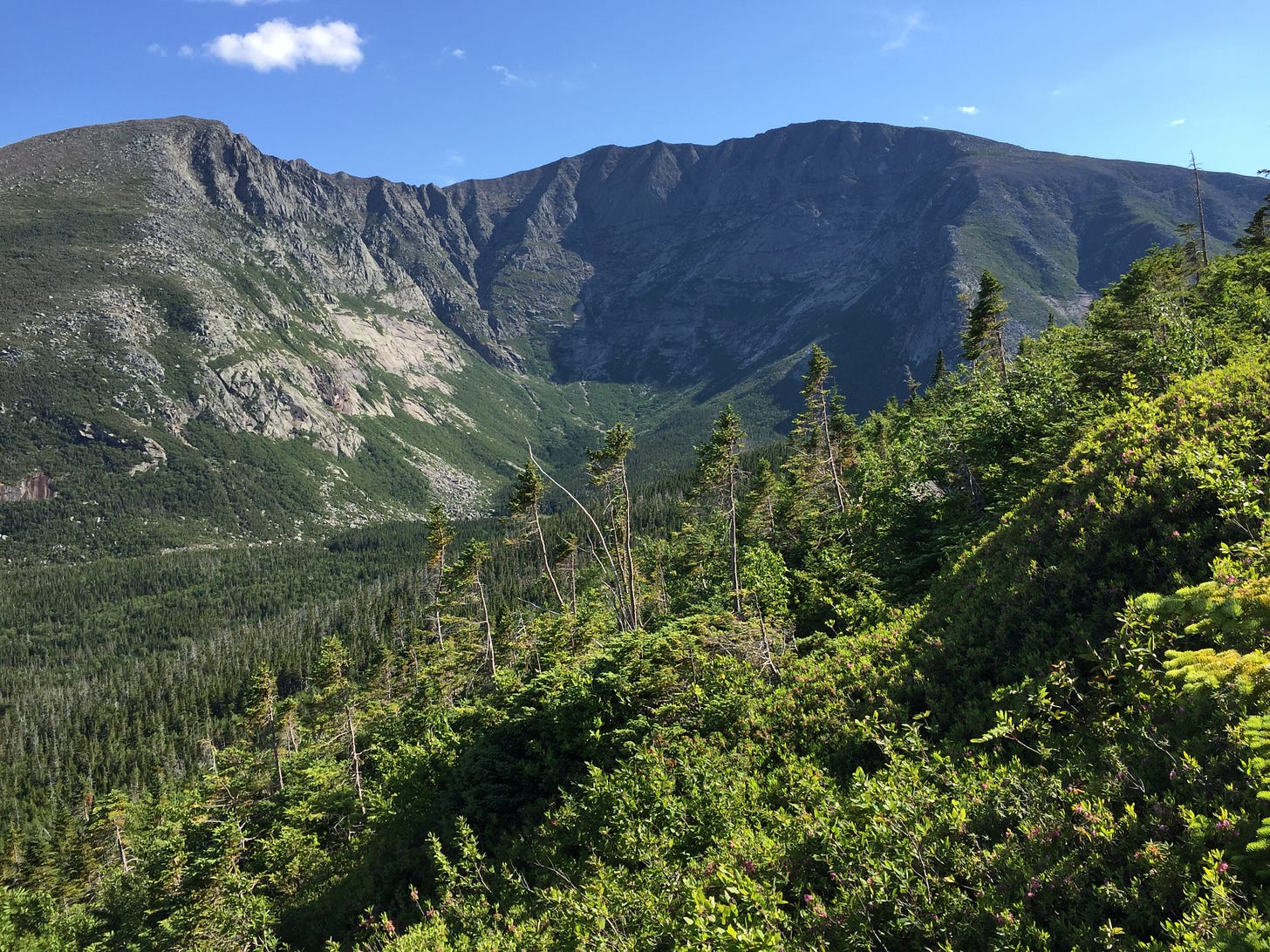 2017-07-26 16 19 18 View south-southwest towards Mount Katahdin's Knife Edge (Pamola, Chimney, South and Baxter peaks) from a point at about 3,250 feet above sea level on the Hamlin Ridge Trail in Baxter State Park, Piscataquis County, Maine
