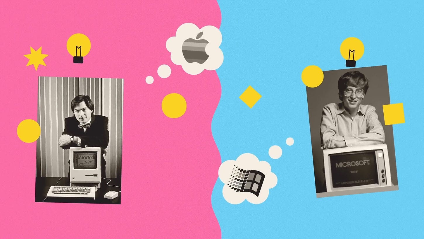 An image of Steve Jobs and Bill Gates leaning on their respective computer creations, with thought bubbles depicting the Apple and Windows logos.