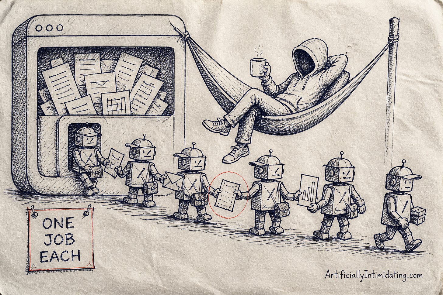 A developer in a hoodie naps in a hammock with a coffee while a chain of small boxy bots in delivery caps pass an envelope, a receipt and a bar chart hand to hand.