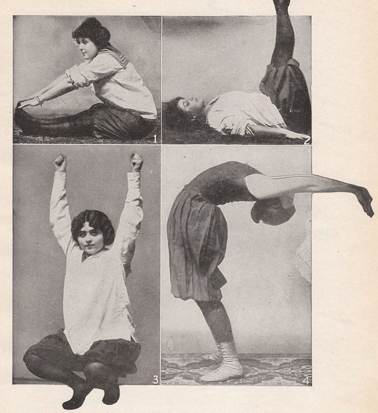 This may contain: an old book with pictures of women doing different poses