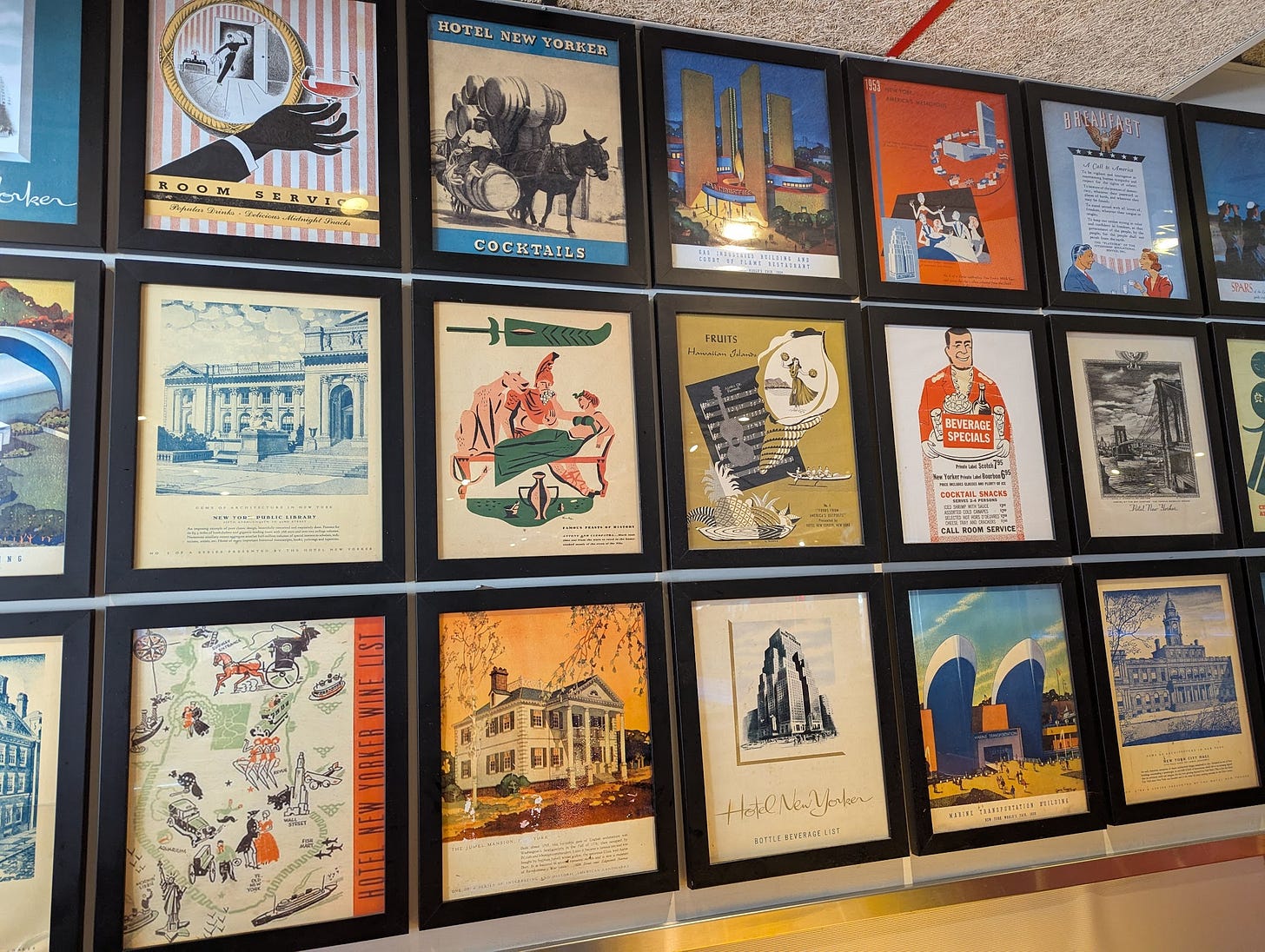 Old menus as wall decor at the Tick Tock Diner