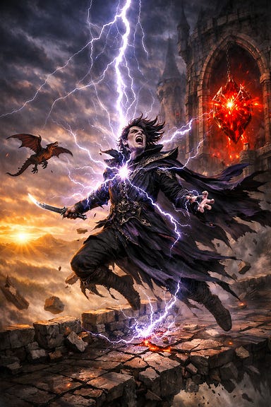 Felonious struck by lightning on Ravenloft bridge storm winds whipping robes lightning bolt descending violet white arcs parchment pale skin dragonet flung aside crimson Heart glowing in mist gothic fantasy