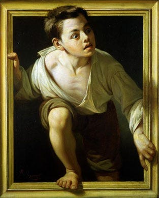 Pere Borrell boy escaping the frame trompe oeil Pere Borrell boy escaping the frame trompe oeil