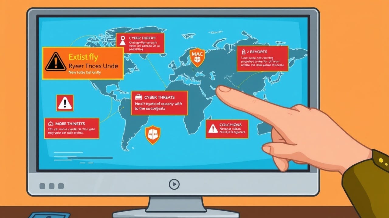 A hand is pointing at a monitor with a map highlighting various cyber threats.