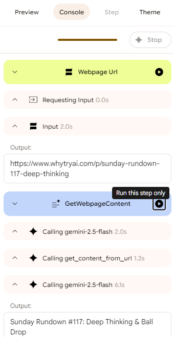 A screenshot of Google Opal’s Console view showing step-by-step execution: the Webpage URL input, the GetWebpageContent node running, tool calls to Gemini 2.5 Flash, and extracted webpage output.
