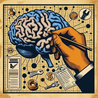 Golden Age comic illustration: brain made of blueprints morphing into a checklist and a cash receipt; hand drawing a bold check mark with action lines; Ben-Day dots, bold inking, slight CMYK misregistration, vintage paper texture, poster-like layout with strong negative space; minimal retro icons (bread, wrench, spatula) at the bottom; palette black #111111, white #FFFFFF, orange #FF6A00, blueprint blue #2E4A7F, paper cream #F5E6C8. No text, no typography, no balloons, no watermarks. --ar 16:9 --v 6 --style raw --s 200 --chaos 6