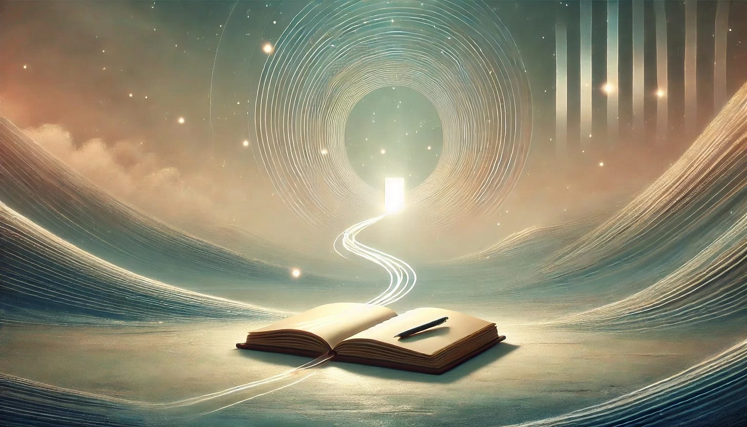 A surreal and minimalist digital illustration featuring an open notebook floating in a vast, empty space. Thin, glowing lines extend from its pages, symbolizing the flow of ideas. In the distance, a softly illuminated progress bar hovers, nearly complete, representing determination and persistence. The background is dreamy and atmospheric, with subtle, muted tones creating a sense of calm and focus.
