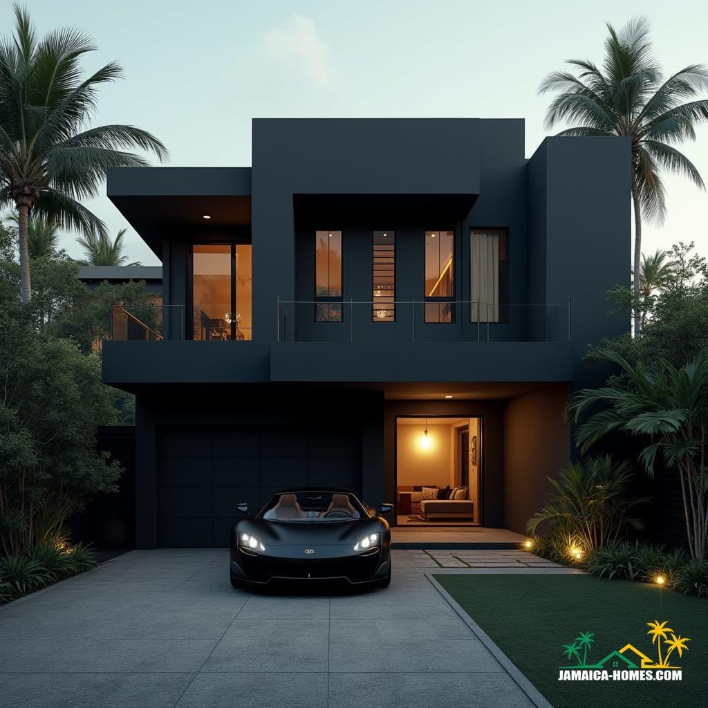 Modern Jamaican townhouse in Kingston, matte black, bold geometric forms, recessed windows, flat roof, protruding entrances, rooftop lounge and spa, geometric landscaping, luxury black supercar, cinematic film still, 35mm film grain, vignette, color graded, cinematic lighting, futuristic urban elegance, inspired by Syd Mead, Antoni Gaudí, and Zaha Hadid's sleek architecture, dramatic contrasts, atmospheric.
