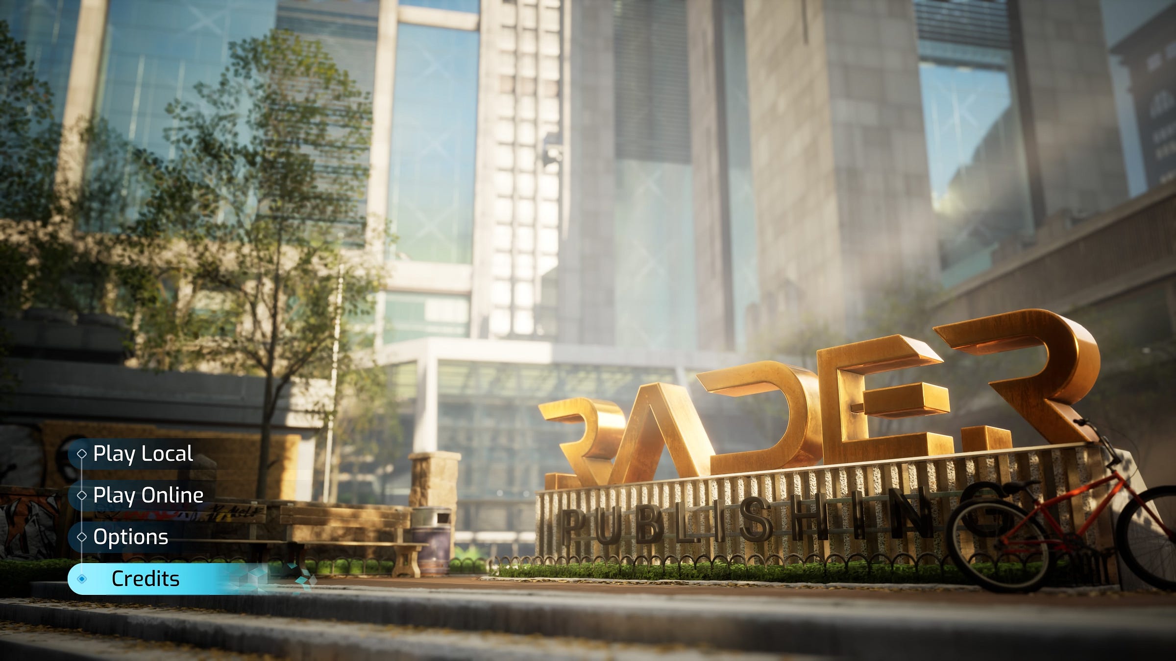 Menu screen showing the outside of a skyscraper with the logo Rader Publishing" in front of it. Overlaid on the screen are text options for things such as "play local" and "credits"