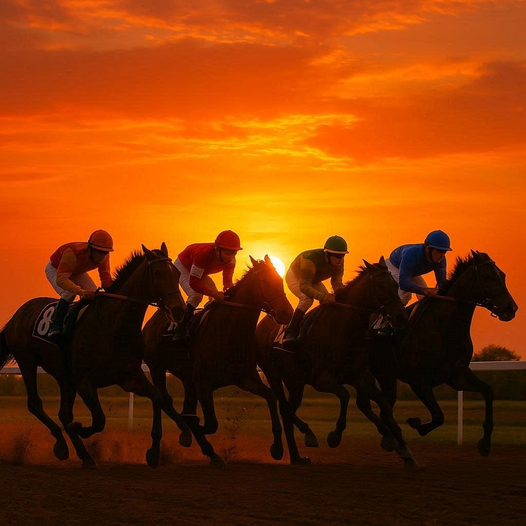 give me an image for horse racing with a focus on bright brilliant sunset