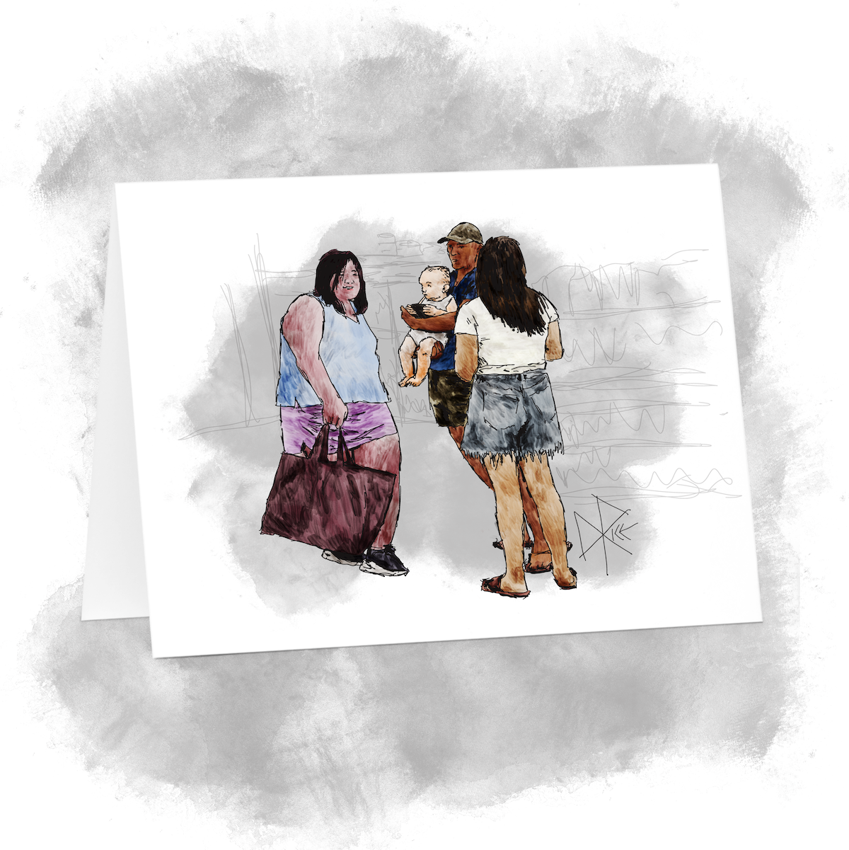 A woman has a conversation with two other people, as one of those two holds a baby in his arms. Sketch art by Don Rice. A woman has a conversation with two other people, as one of those two holds a baby in his arms. Sketch art by Don Rice.