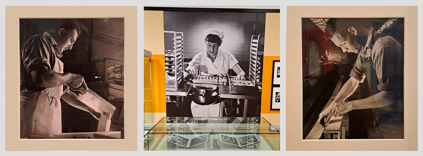 Walter & Rita Nurnberg Gelatin silver prints, Woodworking at Boulton & Paul (left & right), and sweet making at Mackintosh Caley (middle)