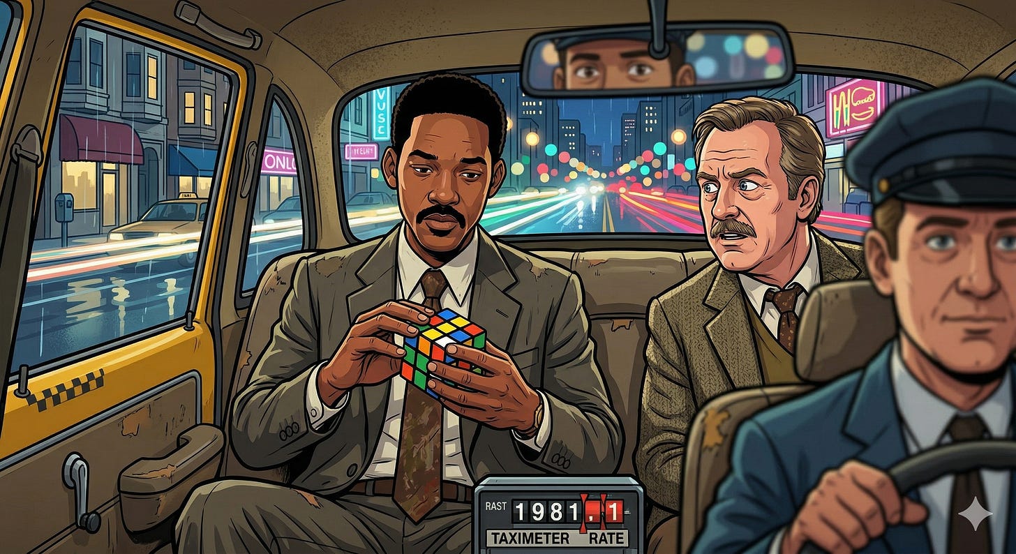 A cartoon illustration of the iconic taxi scene from The Pursuit of Happyness. Chris Gardner sits in the backseat of a yellow cab, intently focusing on a scrambled Rubik's Cube. Next to him, Jay Twistle looks on with a skeptical and surprised expression. The setting is a rainy evening in 1981 San Francisco, with city lights blurred in the background and a vintage taximeter visible in the foreground. A cartoon illustration of the iconic taxi scene from The Pursuit of Happyness. Chris Gardner sits in the backseat of a yellow cab, intently focusing on a scrambled Rubik's Cube. Next to him, Jay Twistle looks on with a skeptical and surprised expression. The setting is a rainy evening in 1981 San Francisco, with city lights blurred in the background and a vintage taximeter visible in the foreground.