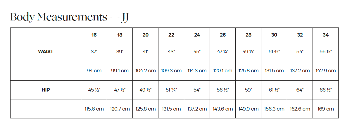 Daughter Judy Coe size chart JJ