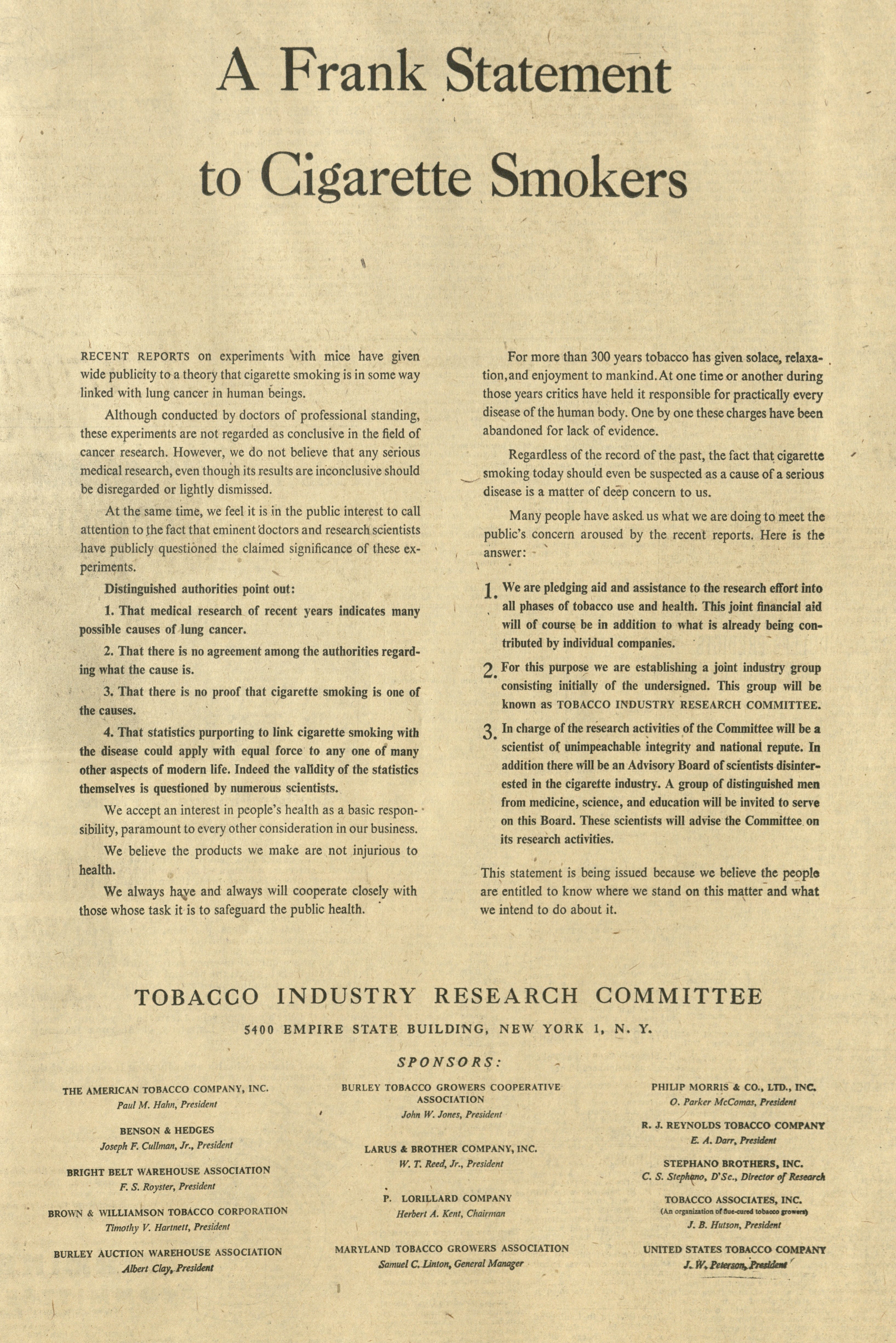 frank statement to cigarette smokers How Big Tobacco fooled the world