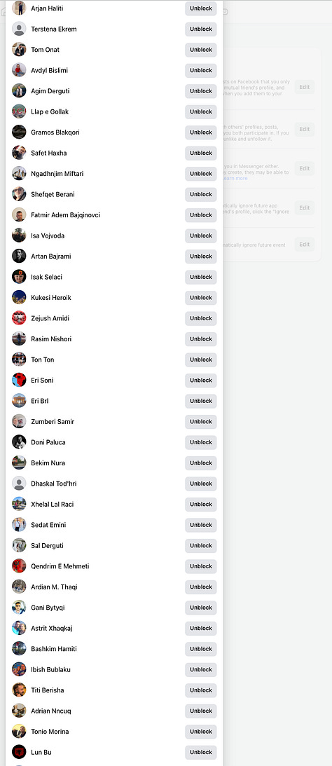 8 out of 17 full Screenshots of the Facebook Block List
