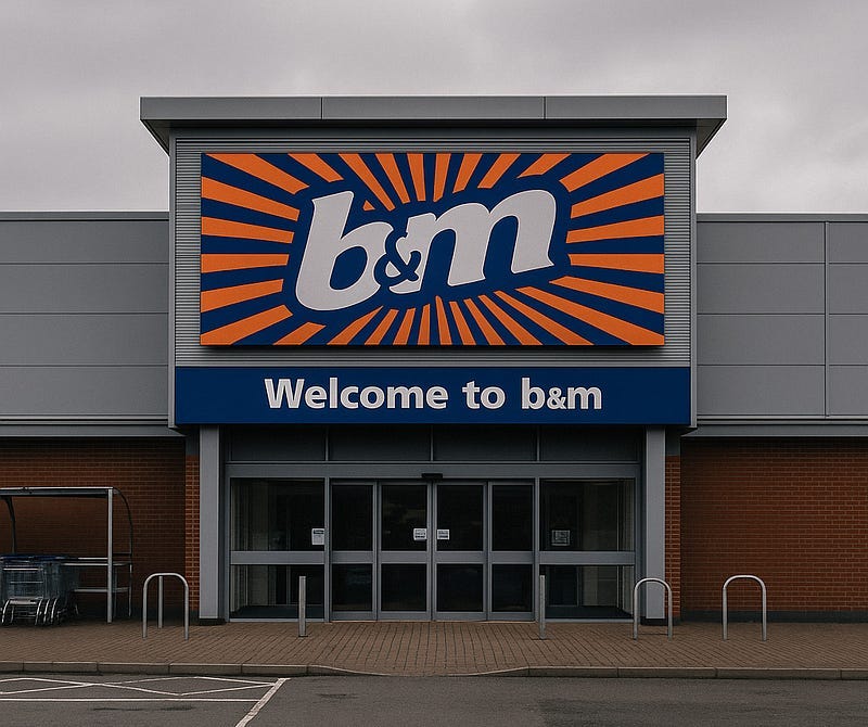 An empty B&M car park under grey skies. The store entrance is closed. Shopping trolleys sit abandoned to one side beneath a sign that reads “Welcome to B&M.” The scene is lifeless, flat, and quietly British. An empty B&M car park under grey skies. The store entrance is closed. Shopping trolleys sit abandoned to one side beneath a sign that reads “Welcome to B&M.” The scene is lifeless, flat, and quietly British.