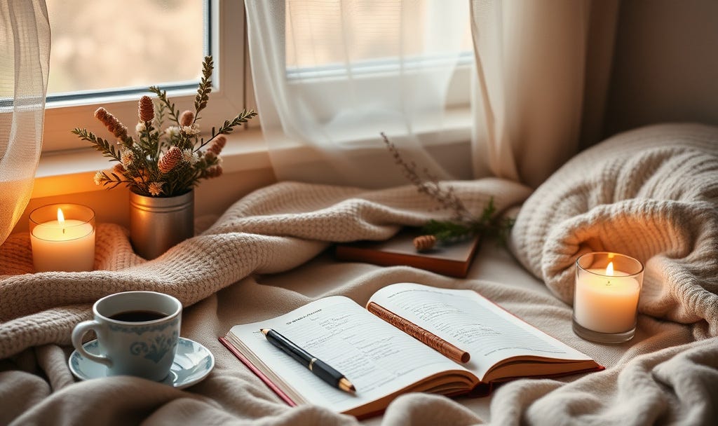 Cozy journaling setups with soft light/coffee/candles—warm,