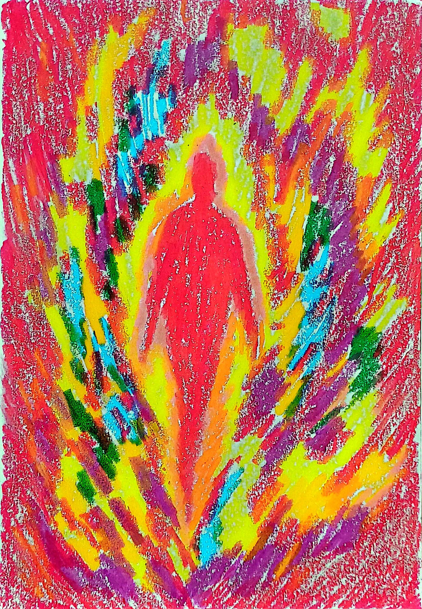 An expressive oil pastel drawing of a red human silhouette standing at the center of a vibrant, fiery explosion of red, yellow, orange, and purple strokes