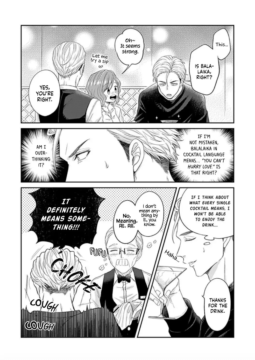 Panels from Osananajimi Bartender to Hajimeru Kaikan Lesson where Mamoru's boss teases him via cocktails about him and Kana