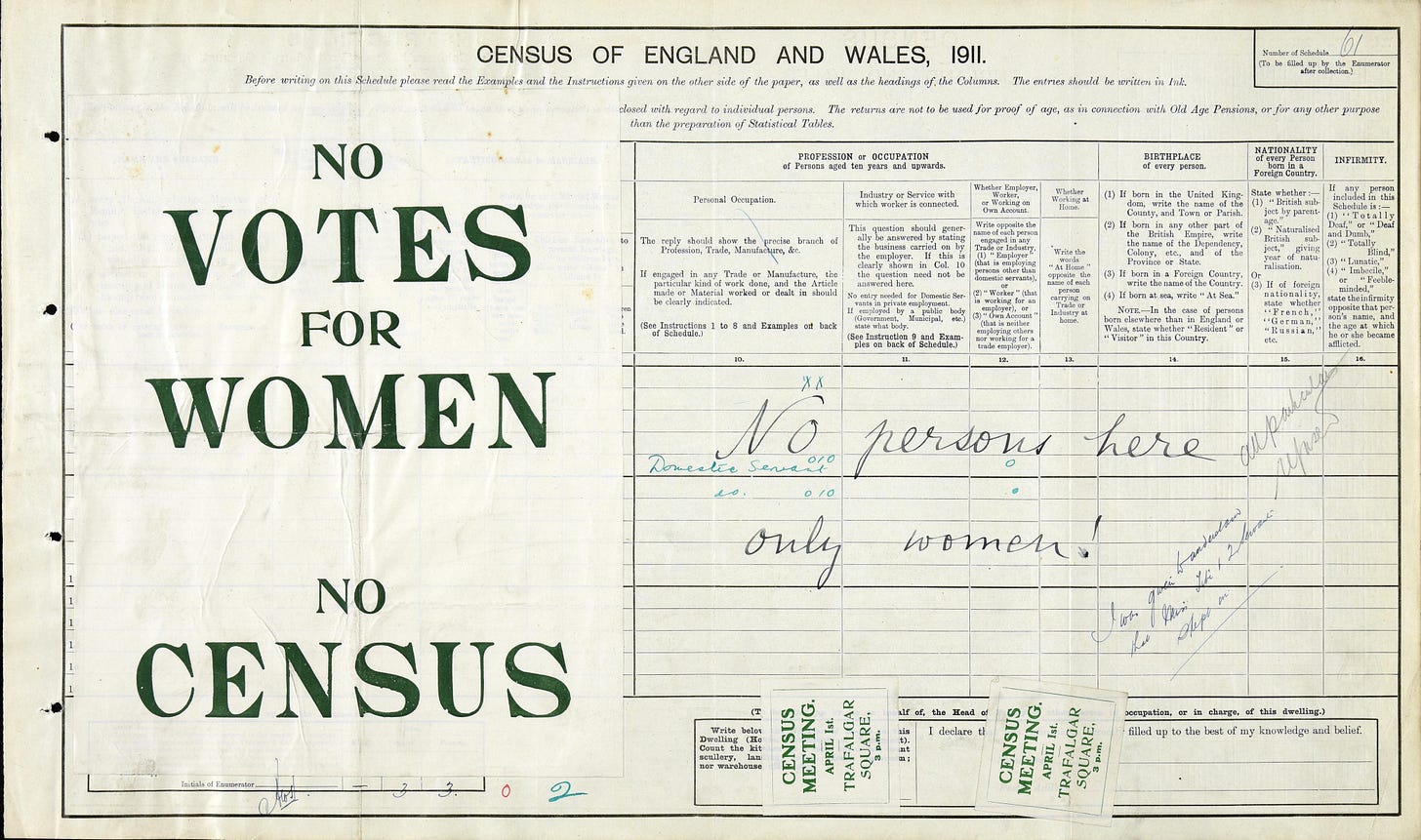 Suffragette protest in the South Kensington Census, London 1911 RG14/118