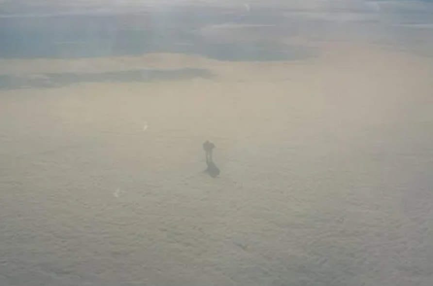 In 2016, Easyjet passenger Nick O'Donoghue spotted this at 30,000ft - a figure walking along the top of the clouds. On Reddit, a pilot explained: "It's a factory's exhaust rising up through a low overcast. There must be a low level inversion and the smokestack gets the hot exhaust above the inversion. Beautiful pic! (I've seen this a couple times as a pro pilot)".