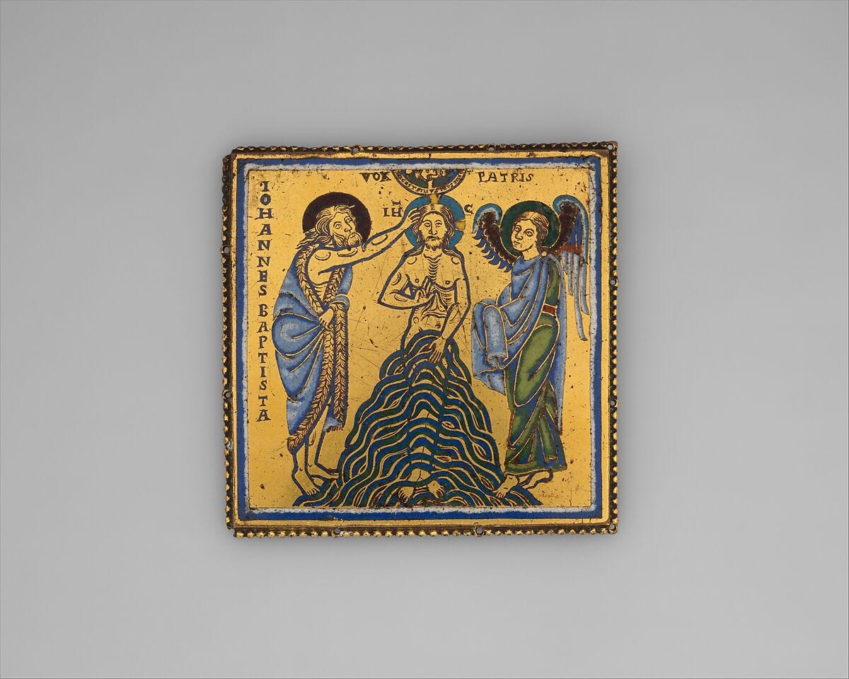 Plaque with the Baptism of Jesus, Champlevé enamel, copper alloy, gilt, South Netherlandish Plaque with the Baptism of Jesus, Champlevé enamel, copper alloy, gilt, South Netherlandish