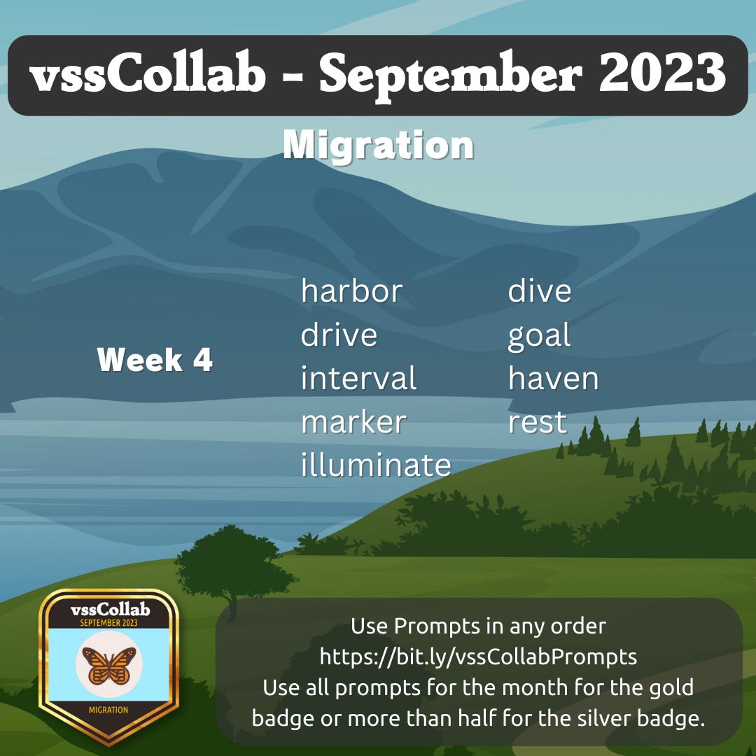 Image: summary of the text in the article, with the prompt list and how to get the badges. Background: mountains and a lake. Badge: Monarch butterfly on a blue sky background