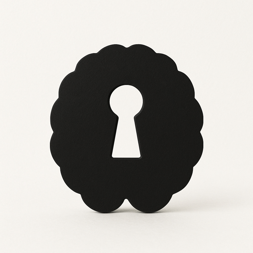 Generated image: A minimalist black silhouette of a human brain with a classic keyhole cut out in its centre, set against a plain white background. The clean design emphasizes clarity and focus, symbolizing purpose, insight, and thinking.