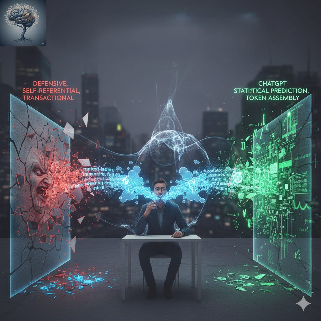 Man at desk, communication split between a cracking, angry face (narcissism) and a green circuit board (AI)