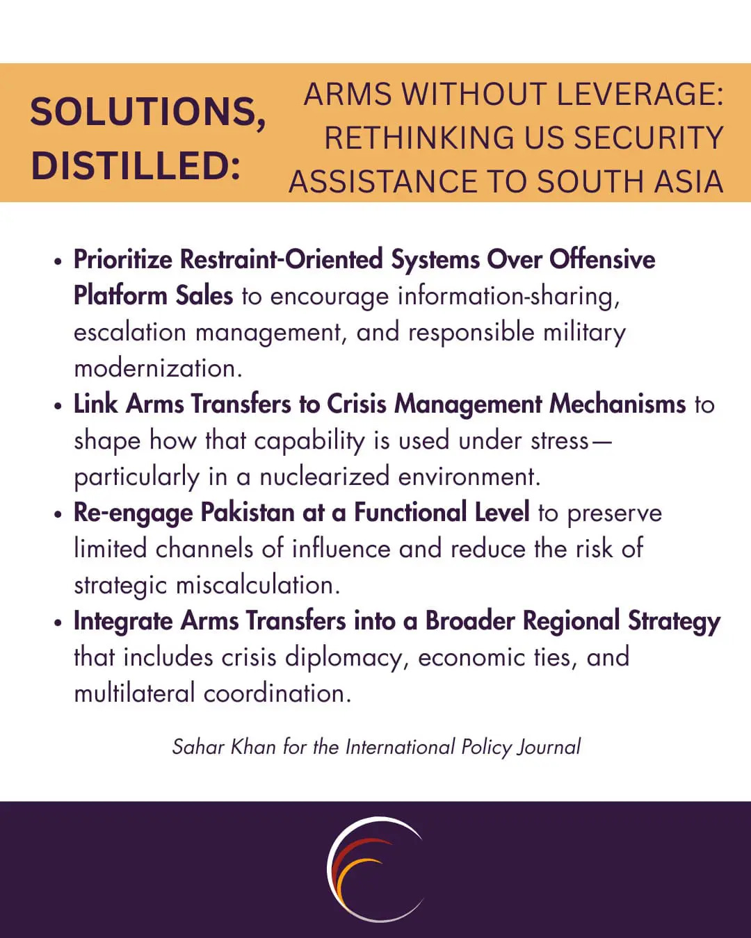 1. Prioritize Restraint-Oriented Systems Over Offensive Platform Sales to encourage information-sharing, escalation management, and responsible military modernization.
2. Link Arms Transfers to Crisis Management Mechanisms to shape how that capability is used under stress—particularly in a nuclearized environment.
3. Re-engage Pakistan at a Functional Level to preserve limited channels of influence and reduce the risk of strategic miscalculation.
4. Integrate Arms Transfers into a Broader Regional Strategy that includes crisis diplomacy, economic ties, and multilateral coordination. 1. Prioritize Restraint-Oriented Systems Over Offensive Platform Sales to encourage information-sharing, escalation management, and responsible military modernization.
2. Link Arms Transfers to Crisis Management Mechanisms to shape how that capability is used under stress—particularly in a nuclearized environment.
3. Re-engage Pakistan at a Functional Level to preserve limited channels of influence and reduce the risk of strategic miscalculation.
4. Integrate Arms Transfers into a Broader Regional Strategy that includes crisis diplomacy, economic ties, and multilateral coordination.