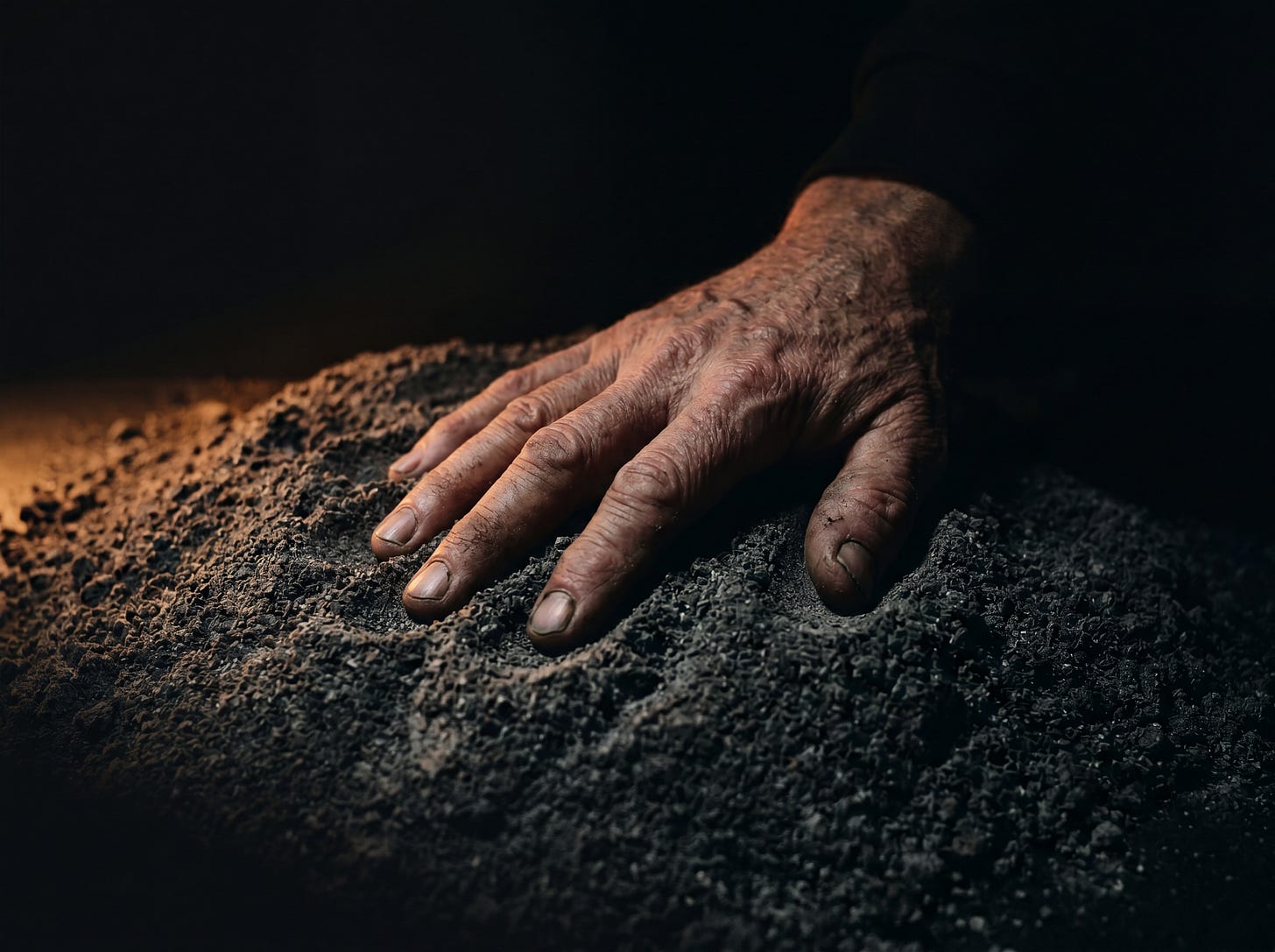 A close-up of a weathered, dirt-covered hand resting heavily on dark, loose soil, evoking the exhaustion of a 14th-century gravedigger during the Black Death. Atmospheric photography representing the historical realism of medieval horror.