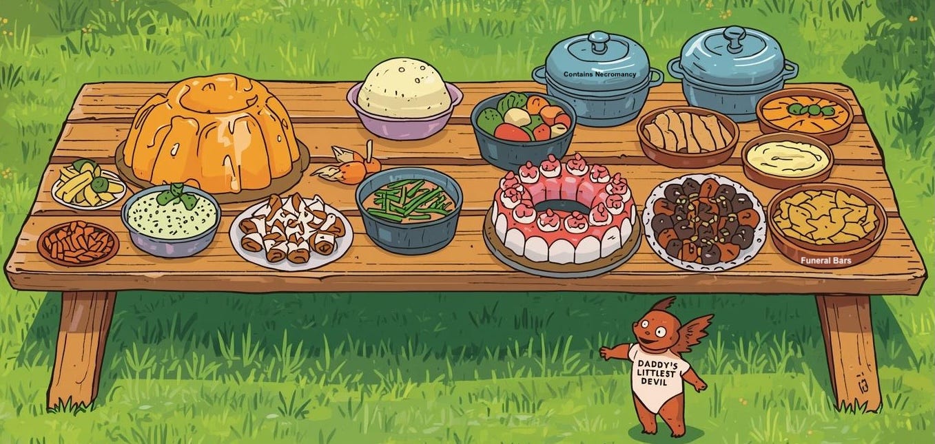 A picnic table in the middle of a grassy lawn is covered with Midwestern-style potluck dishes — a giant Jell-O mold, bowls of casseroles, dips, green beans, chips, and cakes. At the edge of the table stands a small red demon baby in a onesie that reads “Daddy’s Littlest Devil,” smiling innocently while pointing at the food. The scene looks wholesome at first glance, but the details feel humorously sinister, like a suburban barbecue in Hell.