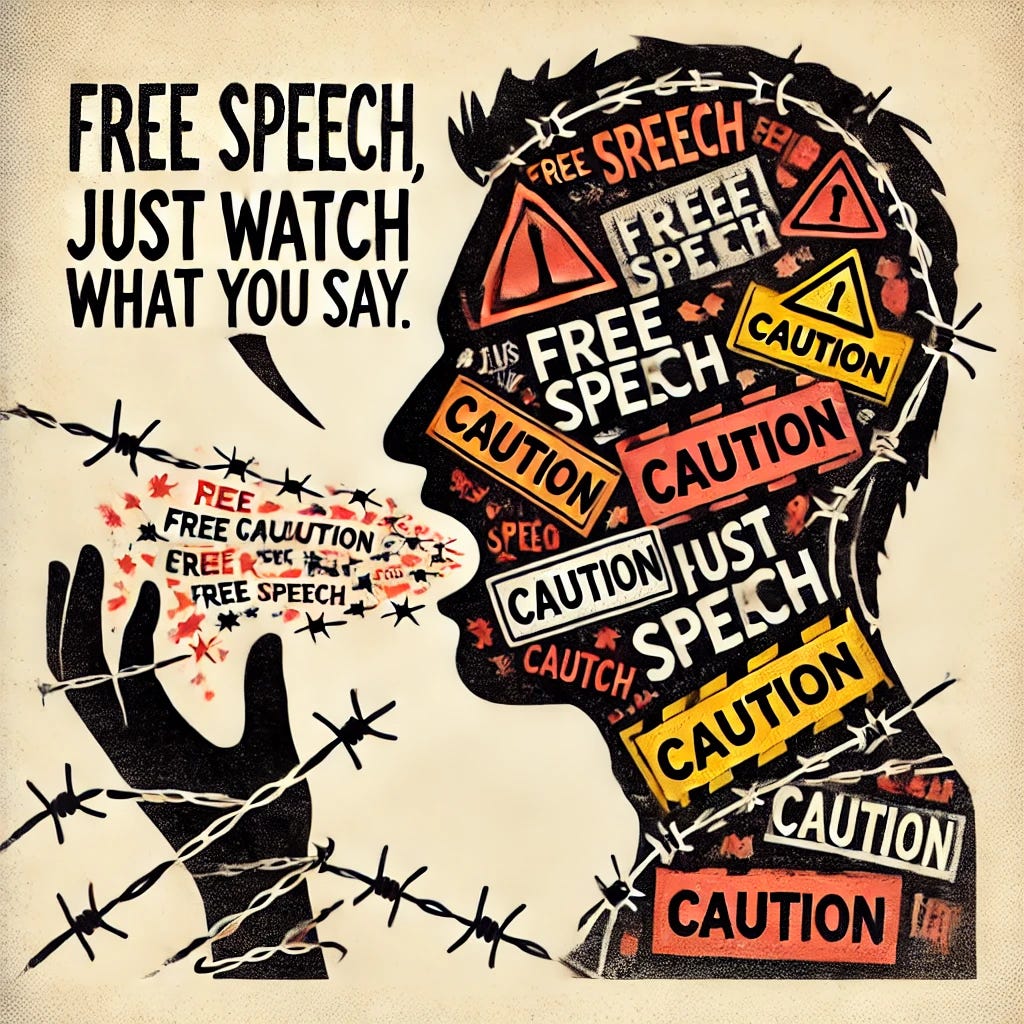A conceptual illustration representing 'free speech, just watch what you say.' Depict a silhouette of a person speaking, with words visibly leaving their mouth, but quickly becoming entangled in barbed wire or covered in caution signs. The color palette should emphasize caution and warning, with subtle reds, yellows, and grays, highlighting the tension between free expression and the consequences of speech.