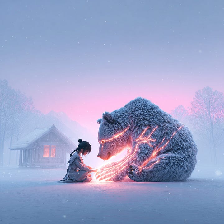 Cinematic editorial scene of a Black woman gentlya large winter bear in a quiet snowy forest at dusk, soft snow falling, deep blue twilight sky