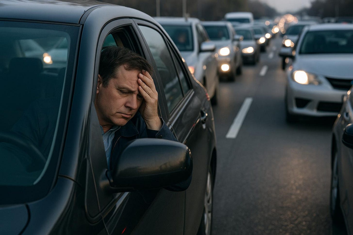 Frustrated Driver Stuck in Traffic Jam at Dusk Frustrated Driver Stuck in Traffic Jam at Dusk