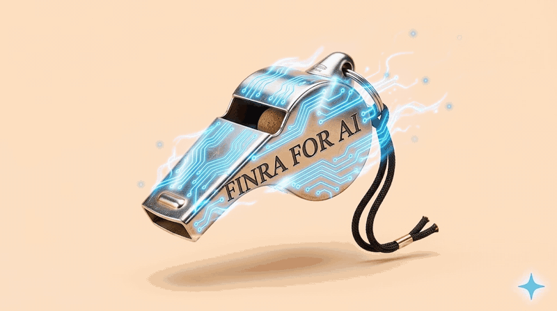 A chrome referee's whistle engraved "FINRA FOR AI" floats on a peach-cream background, glowing blue circuit lines running across its surface and drifting off into the air.