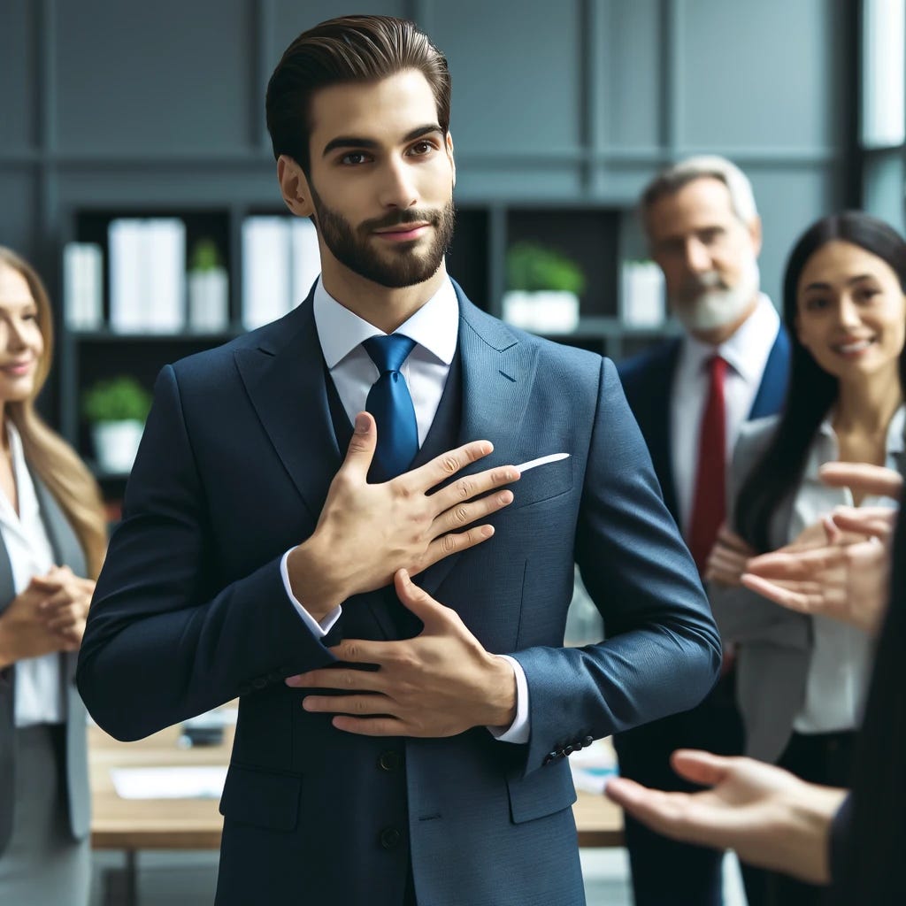Create an image of an accountant in a professional environment, demonstrating the concept of using 'I' statements through body language alone, without any visible text or phrases. The accountant is engaged in a conversation, using gestures such as a hand over the heart or pointing towards themselves to convey speaking from a personal perspective. The setting is a modern office, with the accountant standing or sitting in a way that indicates an open, respectful exchange of ideas. The focus is on the accountant's expressive body language and the inclusive, positive atmosphere of the discussion, highlighting effective communication strategies in the workplace.