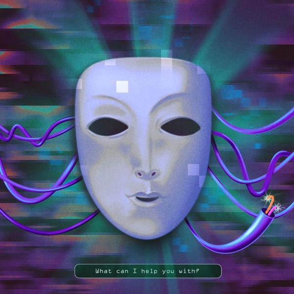 An illustration of a white mask with blank eyes and a partially open mouth against a green and purple background.