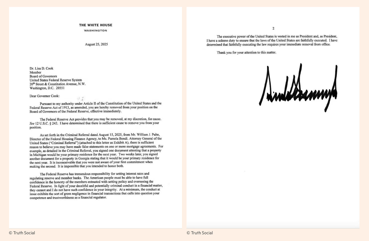 Screenshot of Truth Social post showing letter from Donald Trump firing Lisa Cook from the Board of Governors of the Federal Reserve.